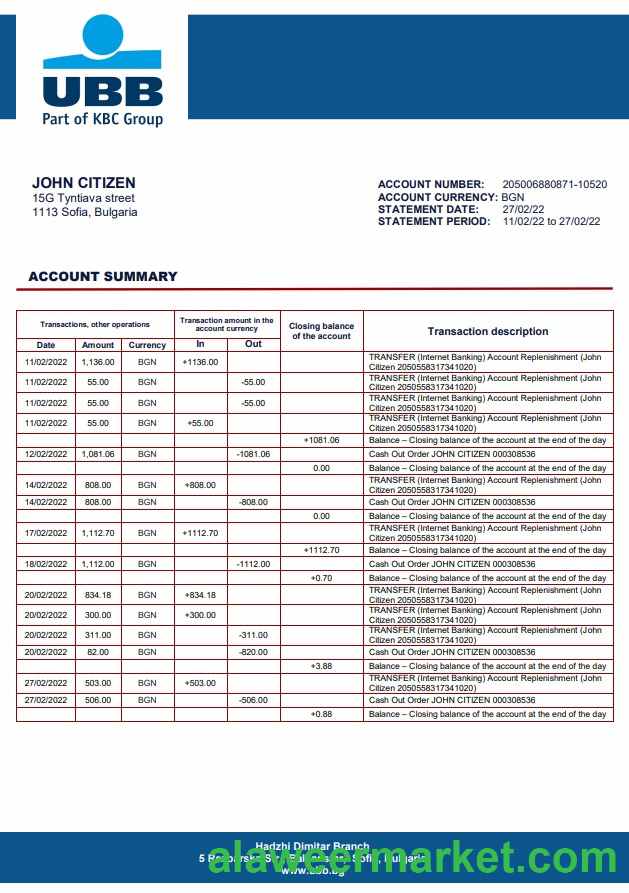 Bulgaria UBB bank statement